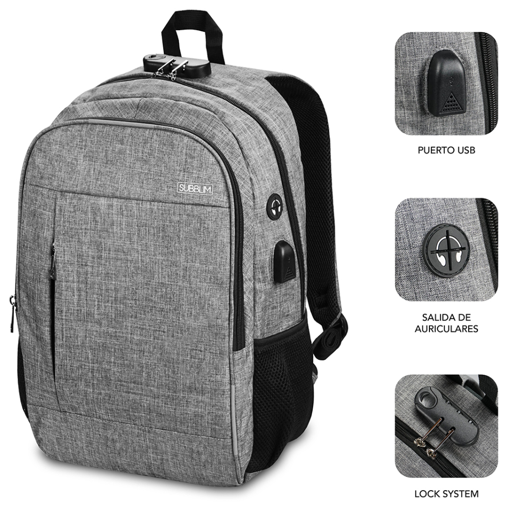 MOCHILA SUBBLIM URBAN LOCK BACKPACK 16" GREY - detalle