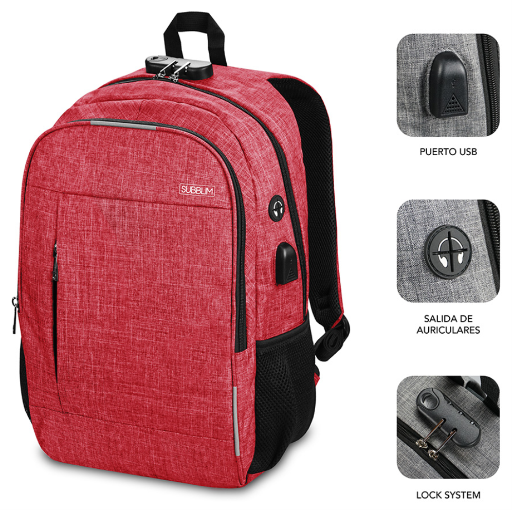 MOCHILA SUBBLIM URBAN LOCK BACKPACK 16" RED - detalle