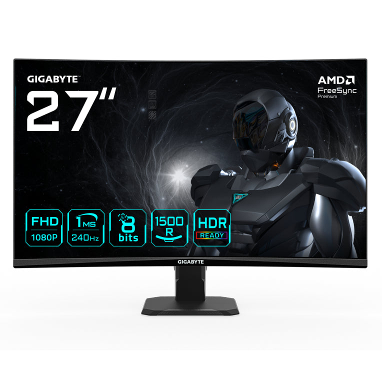 Monitor curvo para xogos GIGABYTE GS27FC2 de 27 polgadas FHD - 1920 x 1080. 240 Hz. 1 ms. 350 cd/m². HDR Ready. HDMI 2.0. Displayport 1.4