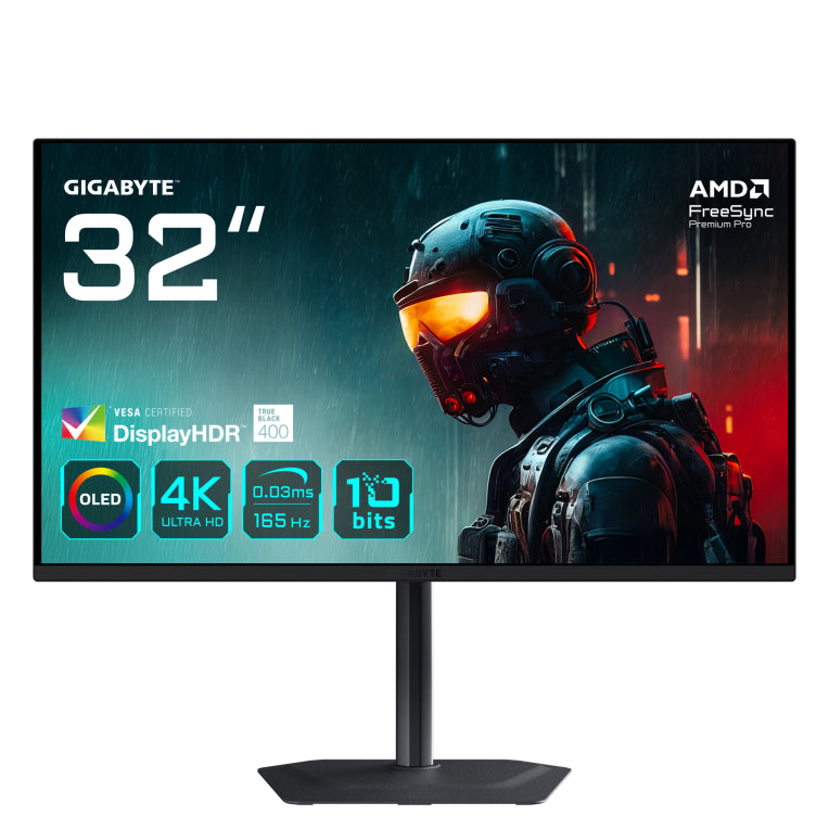 Monitor de xogos OLED GIGABYTE MO32U de 31,5 polgadas e 4K UHD: 3840 x 2160, 165 Hz, 0,03 ms, 250 cd/m², HDR True Black 400, HDMI 2.1, DisplayPort 1.4