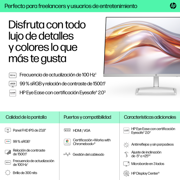 MONITOR HP 524sf S5 FHD 24" IPS HDMI VGA 100Hz 5ms PLATA - detalle