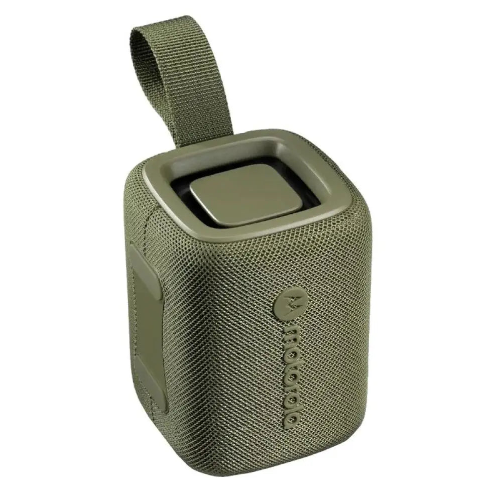 Altavoz Motorola ROKR 300 verde, portátil y resistente al agua IP67, con 7W de potencia y conectividad Bluetooth.