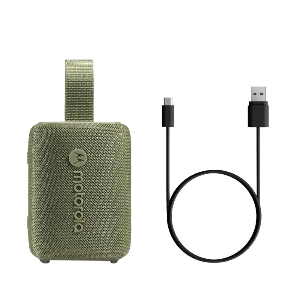 Altavoz portátil Motorola ROKR 300 en color verde, con 7W, Bluetooth e IP67, ideal para uso en exteriores.