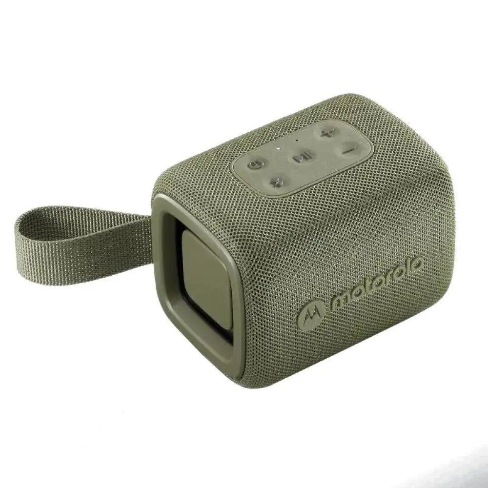 Altavoz portátil Motorola ROKR 300 verde con 7W, conexión Bluetooth y resistencia IP67 para uso en exteriores.