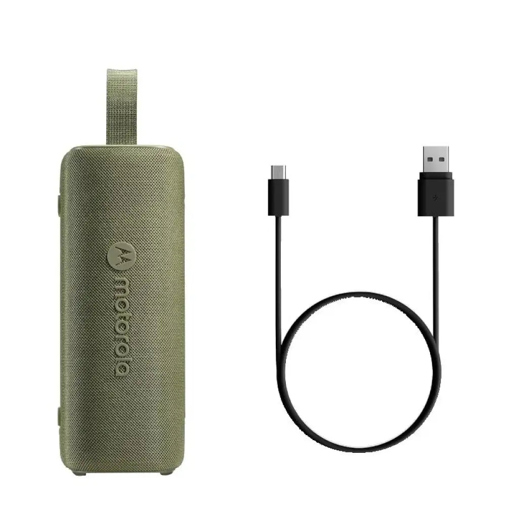 Altavoz Motorola ROKR 600 verde, portátil con 30W, Bluetooth e IP67, ideal para exteriores y uso en viajes.