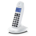 Teléfono inalámbrico Motorola C1001 CB DECT blanco, con pantalla y botones, diseñado para comunicación en el hogar.