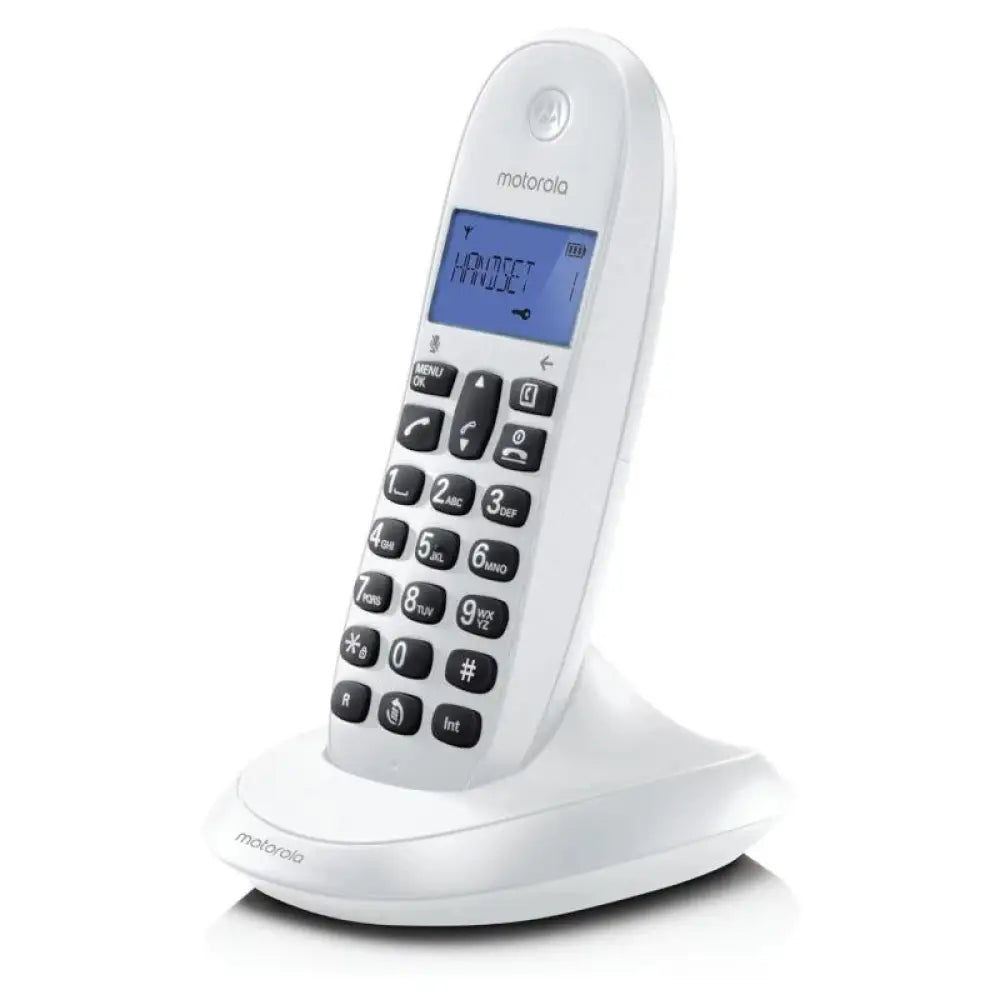 Teléfono inalámbrico Motorola C1001 CB DECT blanco, con pantalla y botones, diseñado para comunicación en el hogar.