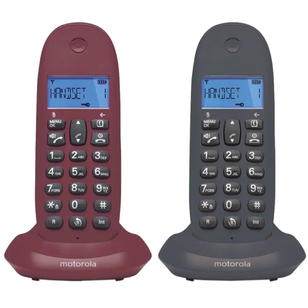 Teléfonos inalámbricos DECT Motorola C1002 LB+ en color gris granate, con dos unidades y pantalla.