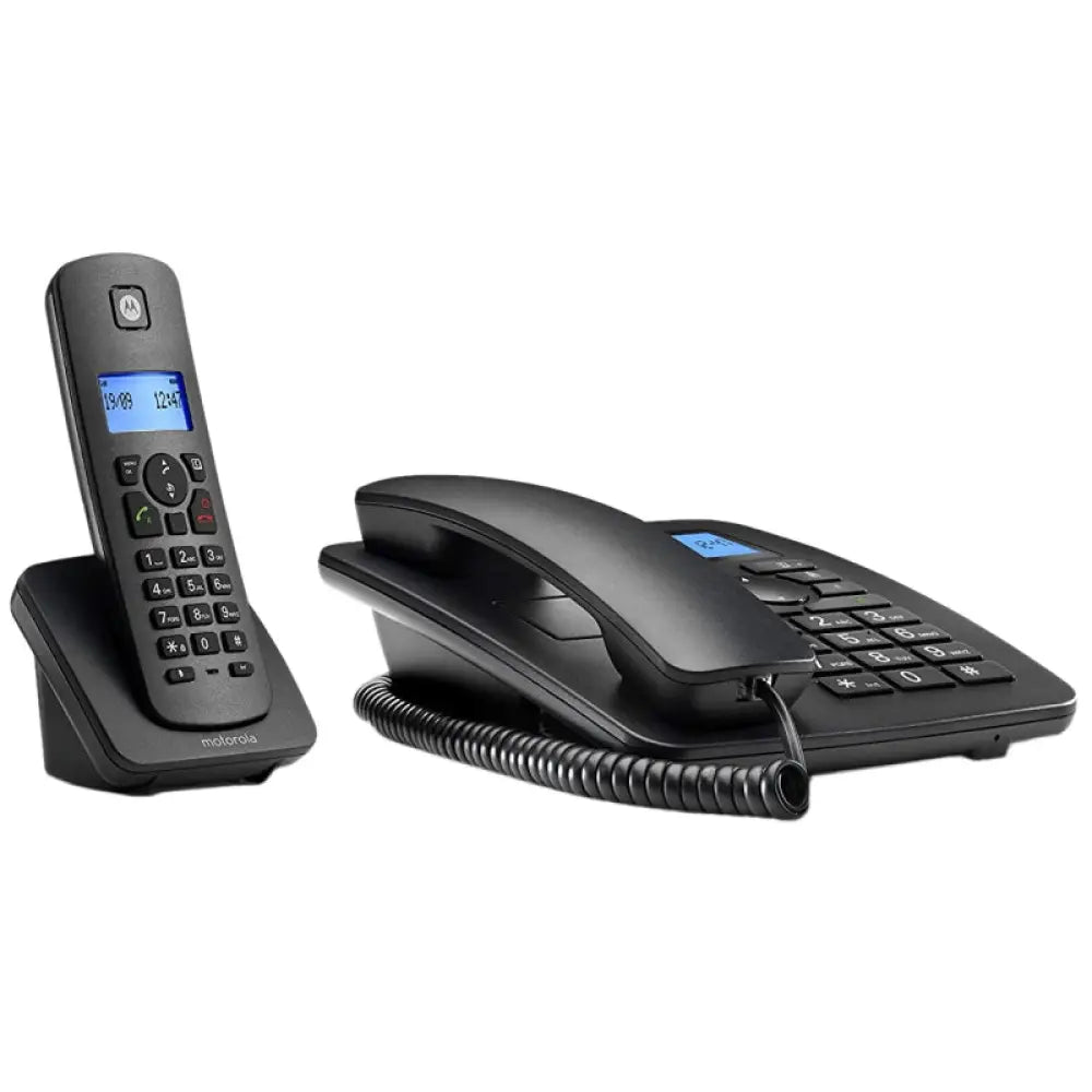 Teléfono fijo Motorola C4201 con base DECT en color negro, combo con teléfono y base para comunicación estable.
