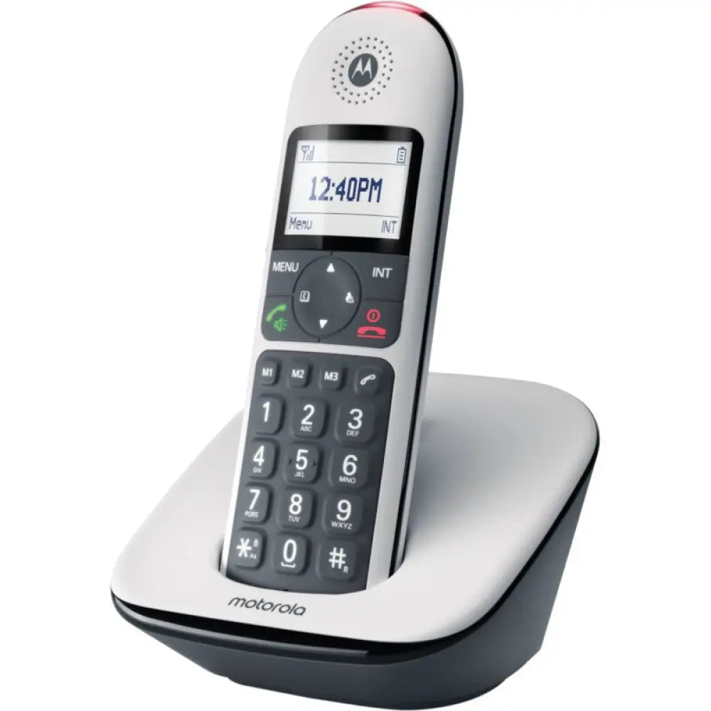 Teléfono inalámbrico Motorola CD5001 DECT con teclas grandes en color blanco, diseño ergonómico y fácil de usar.