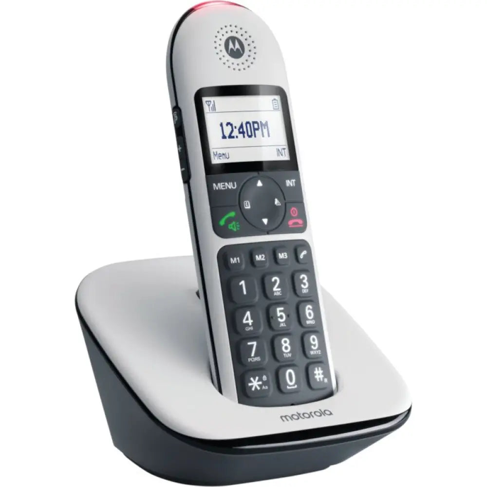 Teléfono inalámbrico Motorola CD5001 DECT con teclas grandes y diseño en color blanco.