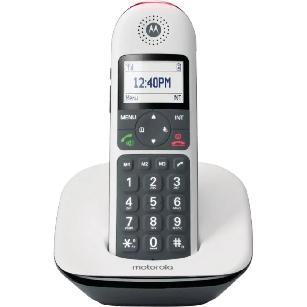 Teléfono inalámbrico Motorola CD5001 DECT con teclas grandes y diseño en color blanco.