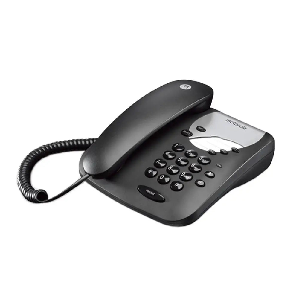 Teléfono fijo Motorola CT1 en color negro, diseño compacto y resistente, ideal para uso en oficina o hogar.