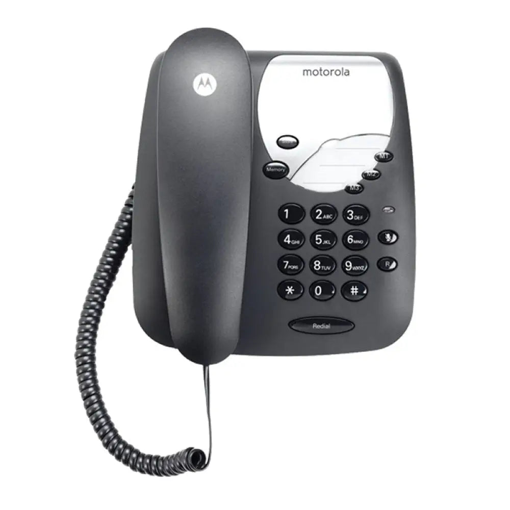 Teléfono fijo Motorola CT1 en color negro, diseñado para uso doméstico con botones grandes y pantalla clara.