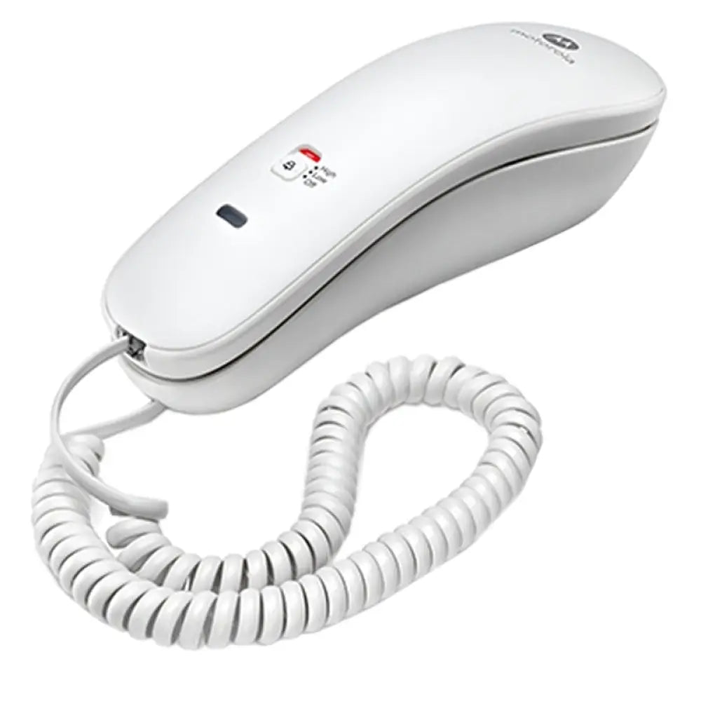 Teléfono fijo Motorola CT50 blanco con cable de 10 metros, diseño compacto y funcional para uso doméstico o de oficina.