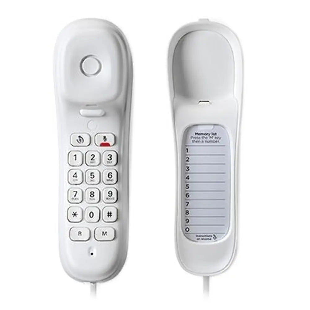 Teléfono fijo Motorola CT50 en color blanco con alcance de 10 metros, diseño compacto y fácil de usar.