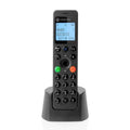 Teléfono inalámbrico Motorola DOT201 DECT negro con pantalla y botones, mostrado en una vista frontal.