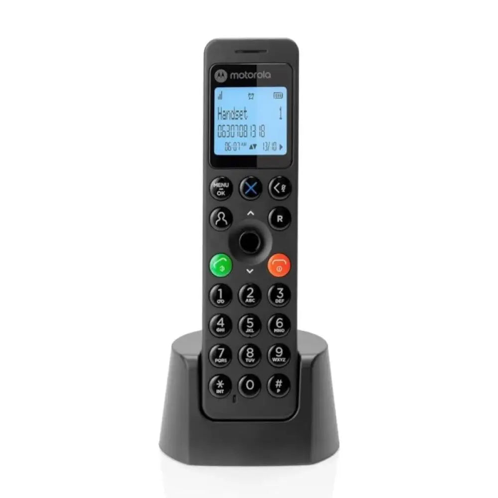 Teléfono inalámbrico Motorola DOT201 DECT negro con pantalla y botones, mostrado en una vista frontal.