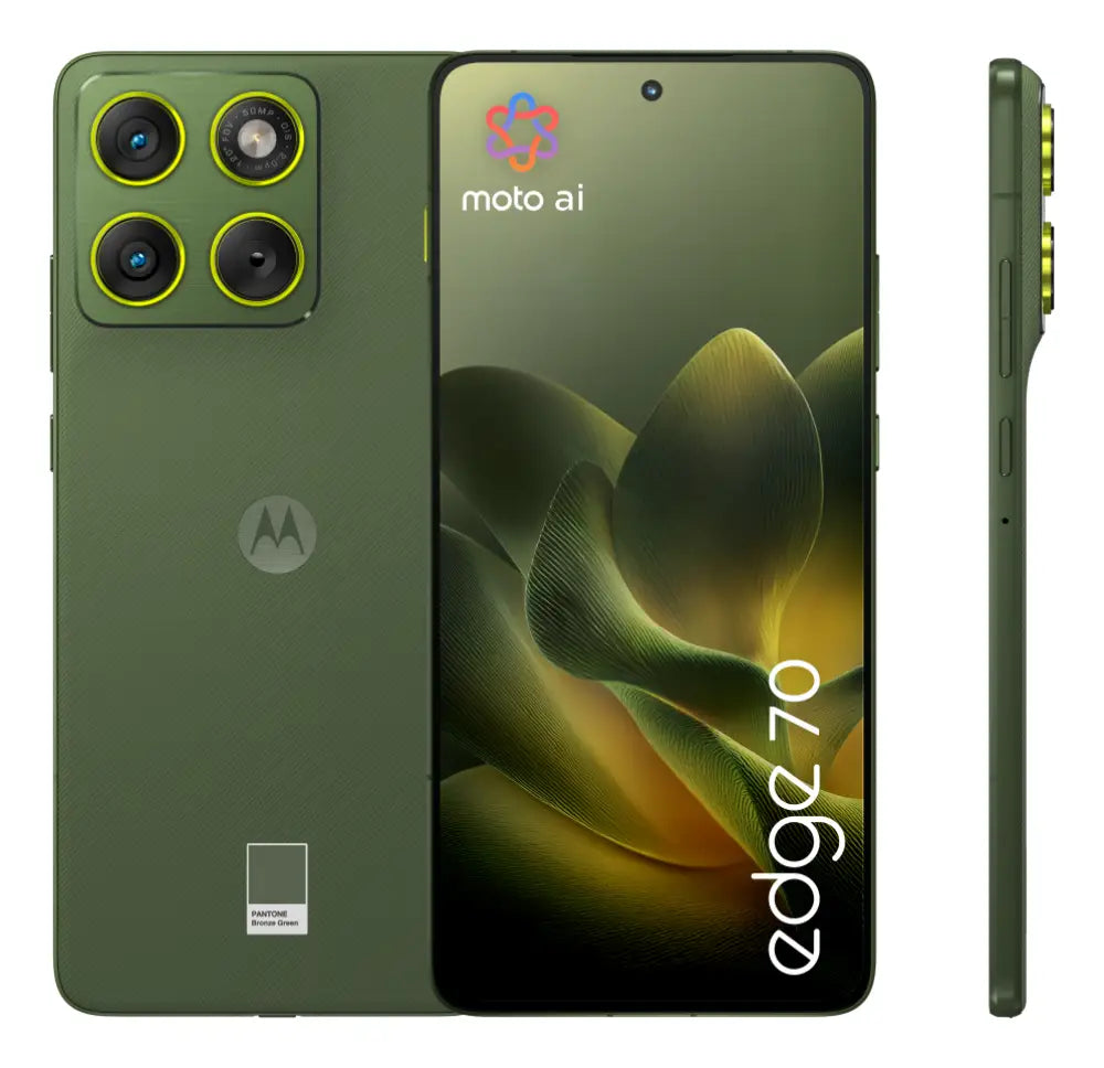 Teléfono inteligente Motorola Edge 70 en color verde con pantalla de 6.7", doble SIM, 12 GB RAM, 512 GB, 5G y batería de 4800 mAh.