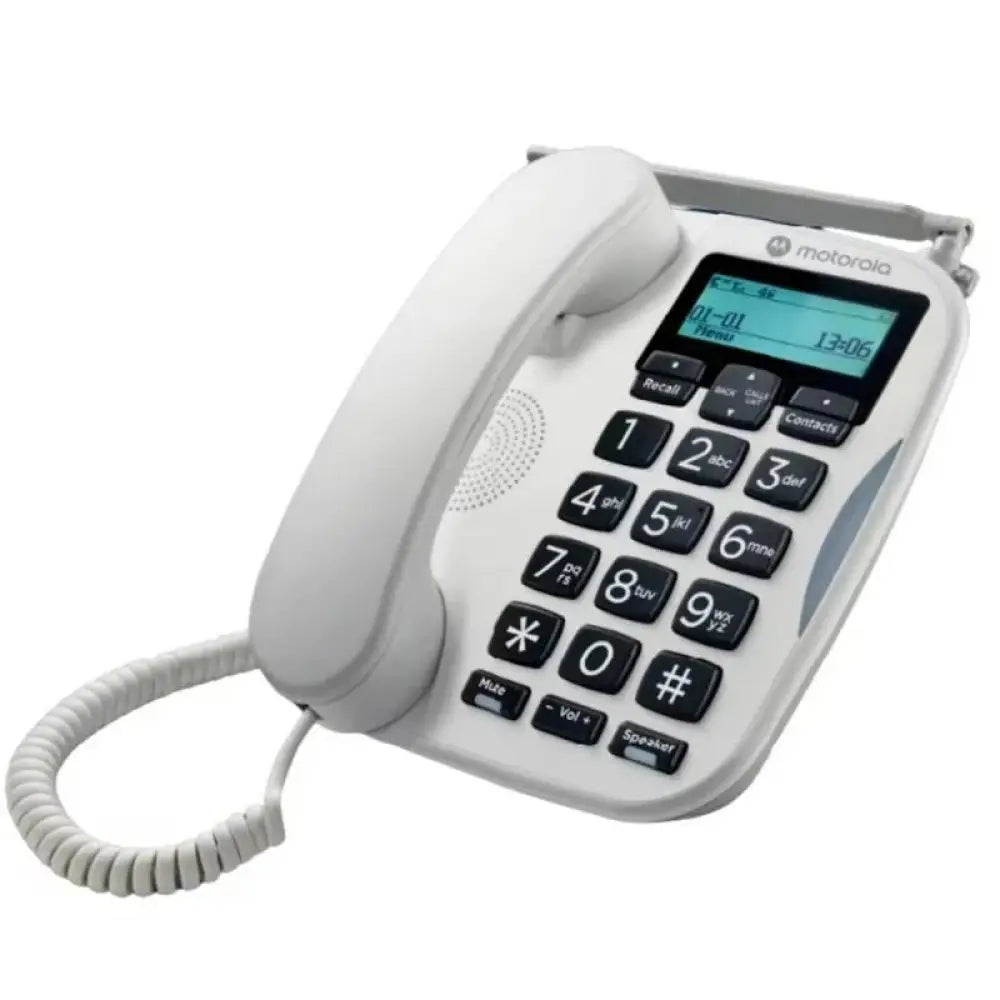 Teléfono fijo Motorola FW500 con conectividad 4G y batería de emergencia, en color negro.