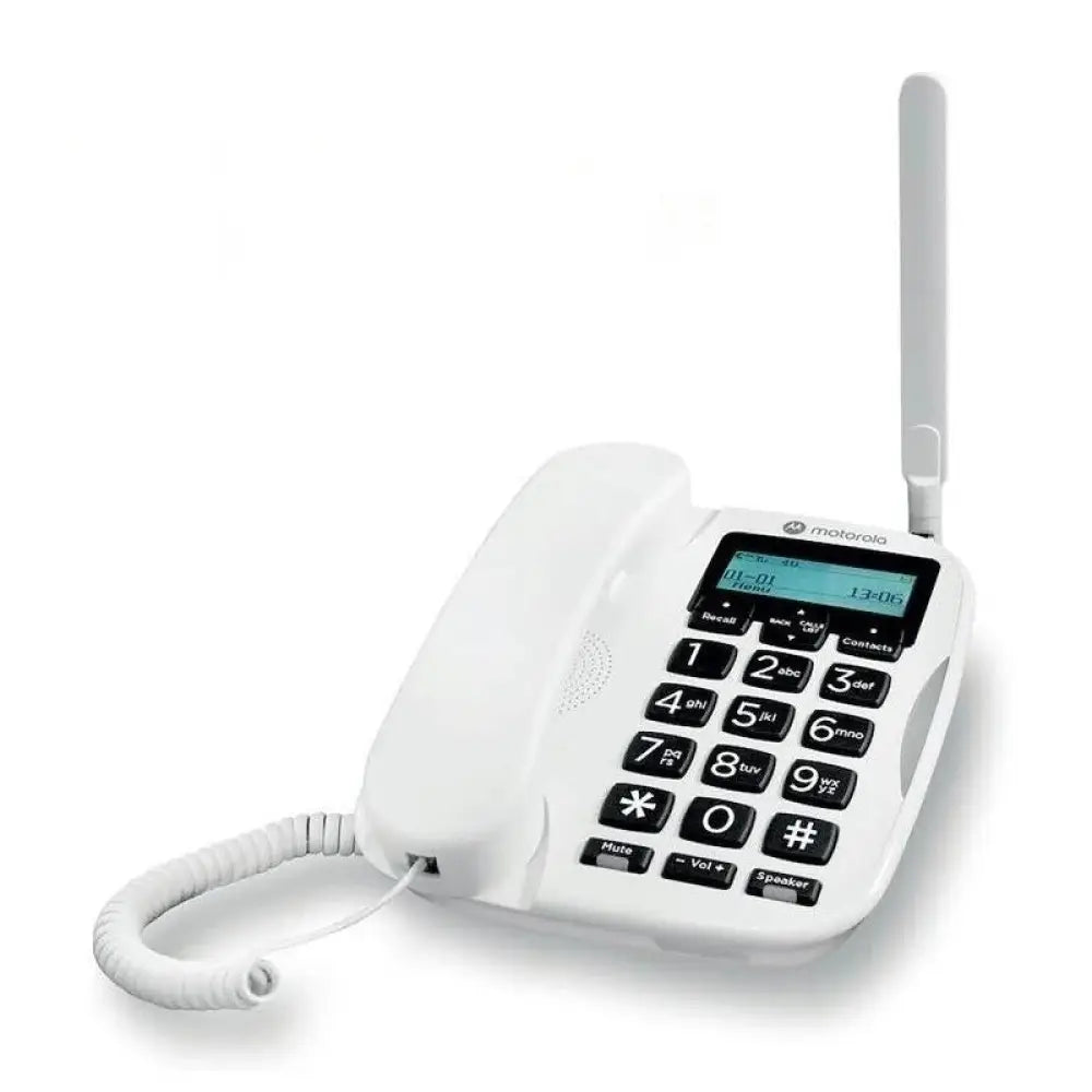 Teléfono fijo Motorola FW500 con conectividad 4G, pantalla y batería emergente, en color negro, para uso doméstico.