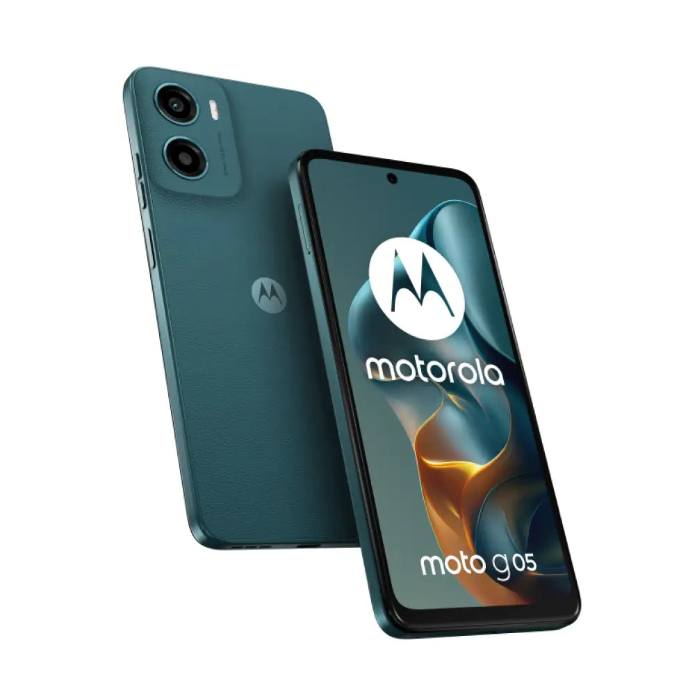 Teléfono Motorola moto g05 en color verde, smartphone Android 4G con pantalla de 6.67", 8 GB RAM y 256 GB de almacenamiento.