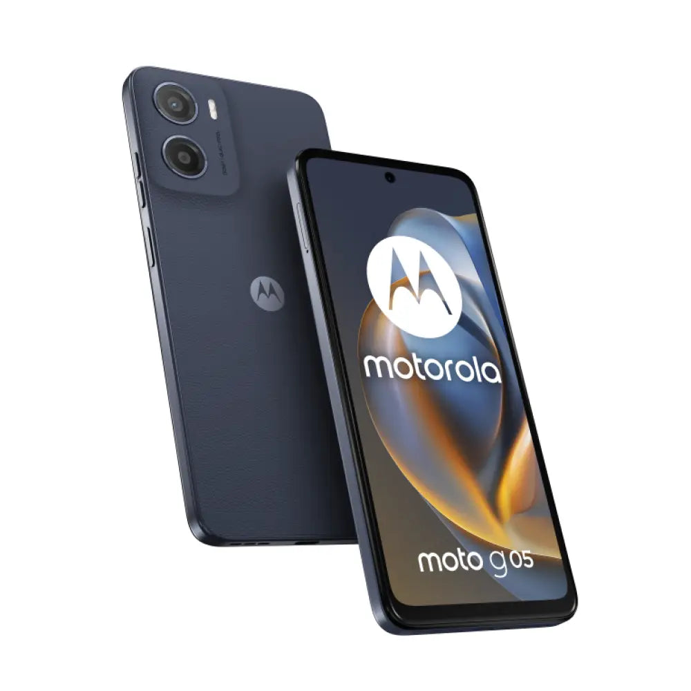 Teléfono inteligente Motorola moto g05 en color azul con pantalla de 6.67", doble SIM, 4 GB RAM, 256 GB y batería de 5200 mAh.