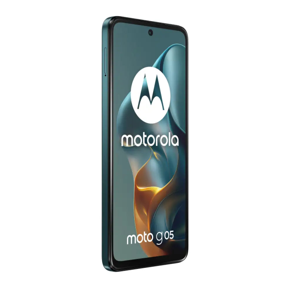 Teléfono Motorola moto g05 en color verde con pantalla de 6.67", doble SIM, 8 GB RAM, 256 GB almacenamiento y batería de 5200 mAh.