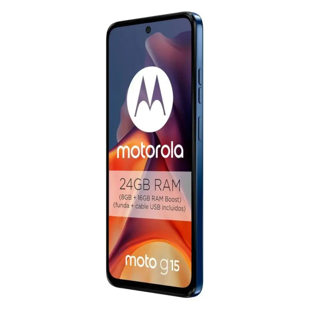 Teléfono inteligente Motorola Moto G15 4G en color azul navy peony, pantalla de 6.7 pulgadas, 8GB RAM y 512GB de almacenamiento.