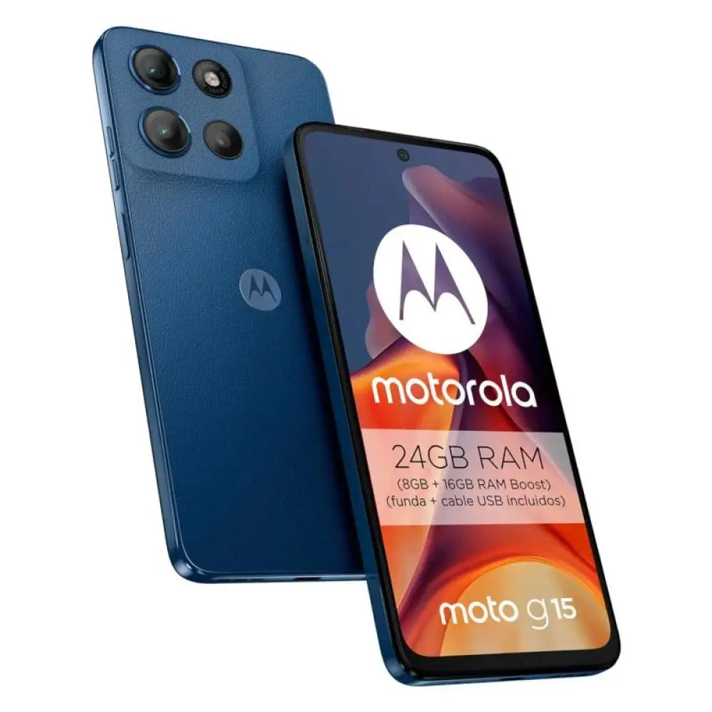 Teléfono inteligente Motorola Moto G15 4G en color navy peony, pantalla de 6.7 pulgadas y amplia capacidad de almacenamiento.