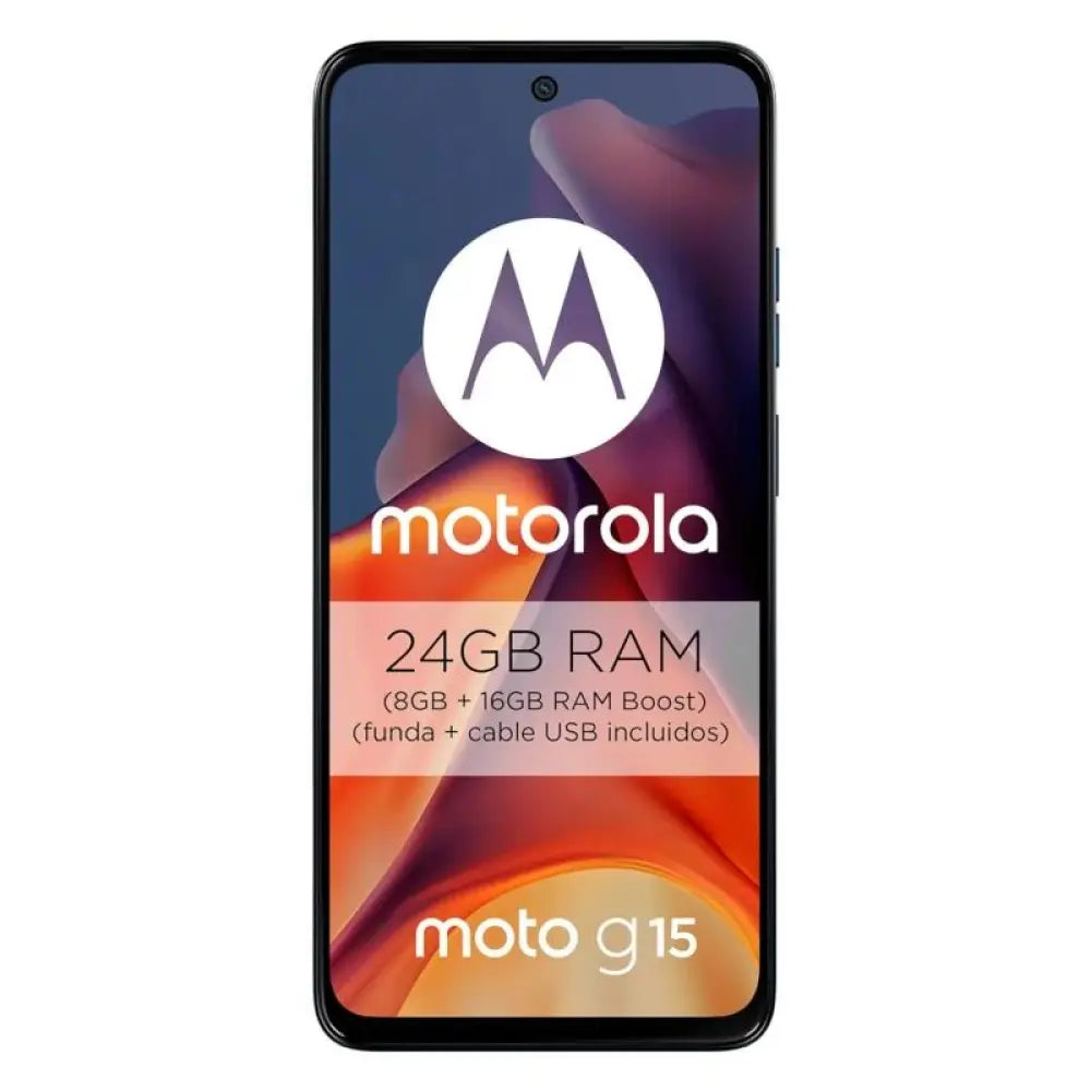 Teléfono Motorola Moto G15 4G en color Navy Peony con pantalla de 6.7 pulgadas, 8GB RAM y 512GB de almacenamiento.