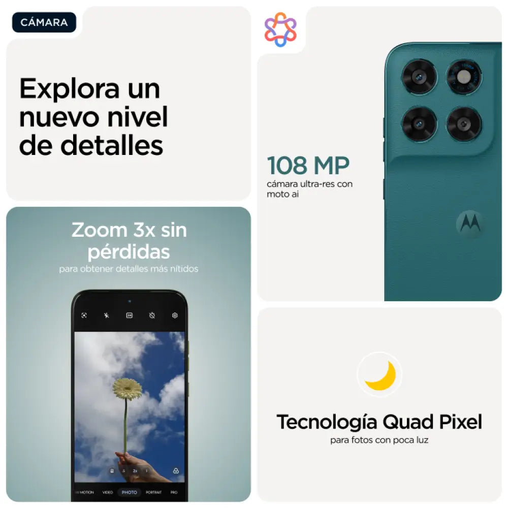 Teléfono inteligente Motorola moto g77 en color verde con pantalla de 6.8", doble SIM, 8 GB RAM, 256 GB, 5G y batería de 5200 mAh.