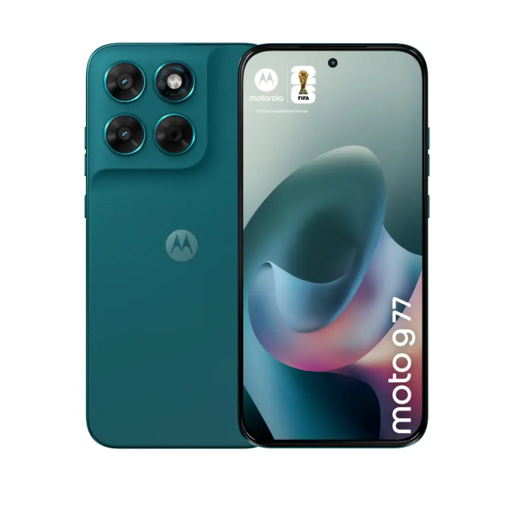 Teléfono inteligente Motorola moto g77 en color verde con pantalla de 6.8", doble SIM, 8 GB RAM y 256 GB almacenamiento.