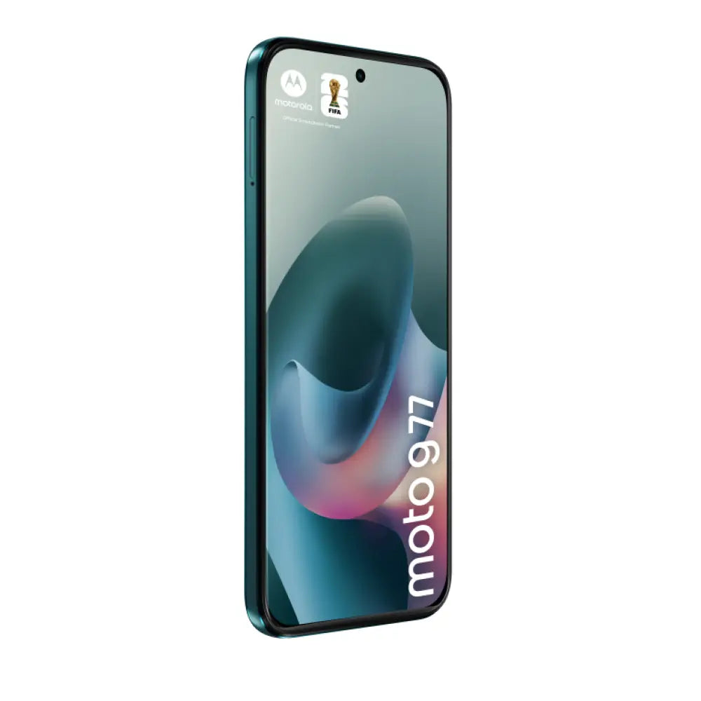 Teléfono inteligente Motorola moto g77 en color verde con pantalla de 6.8", 8 GB RAM, 256 GB almacenamiento y batería de 5200 mAh.