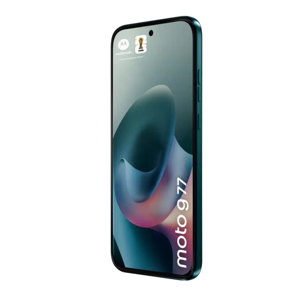 Teléfono Motorola moto g77 en color verde con pantalla de 6.8 pulgadas, doble SIM, 8 GB RAM y batería de 5200 mAh.
