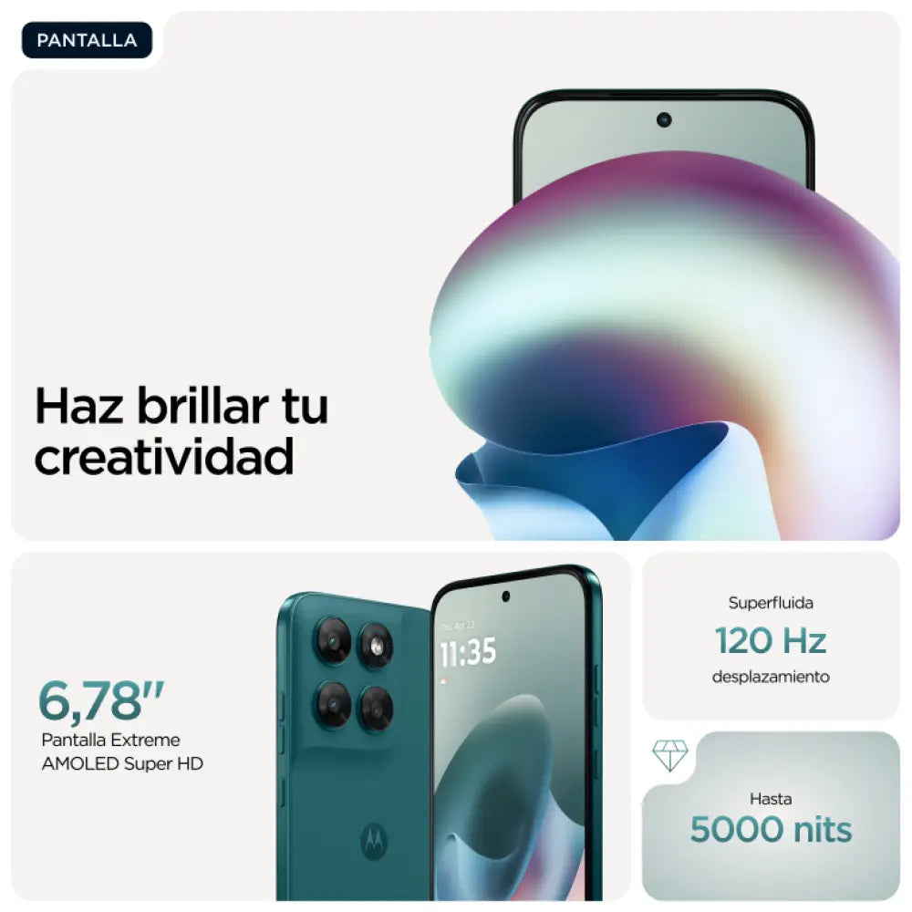 Teléfono inteligente Motorola moto g77 en color verde con pantalla de 6.8", doble SIM, 8GB RAM, 256GB y batería de 5200mAh.