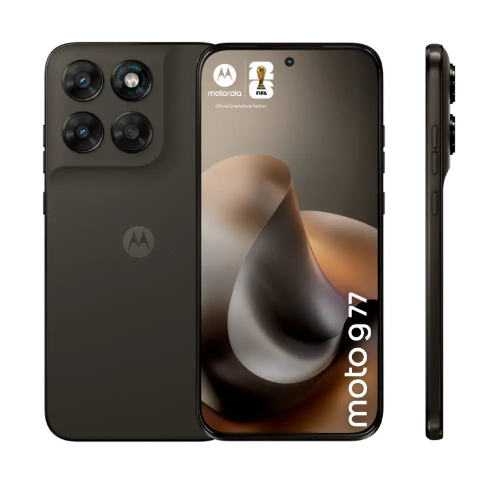 Teléfono Motorola moto g77 en color negro con pantalla de 6.8", doble SIM, 8 GB RAM, 256 GB, 5G y batería de 5200 mAh.