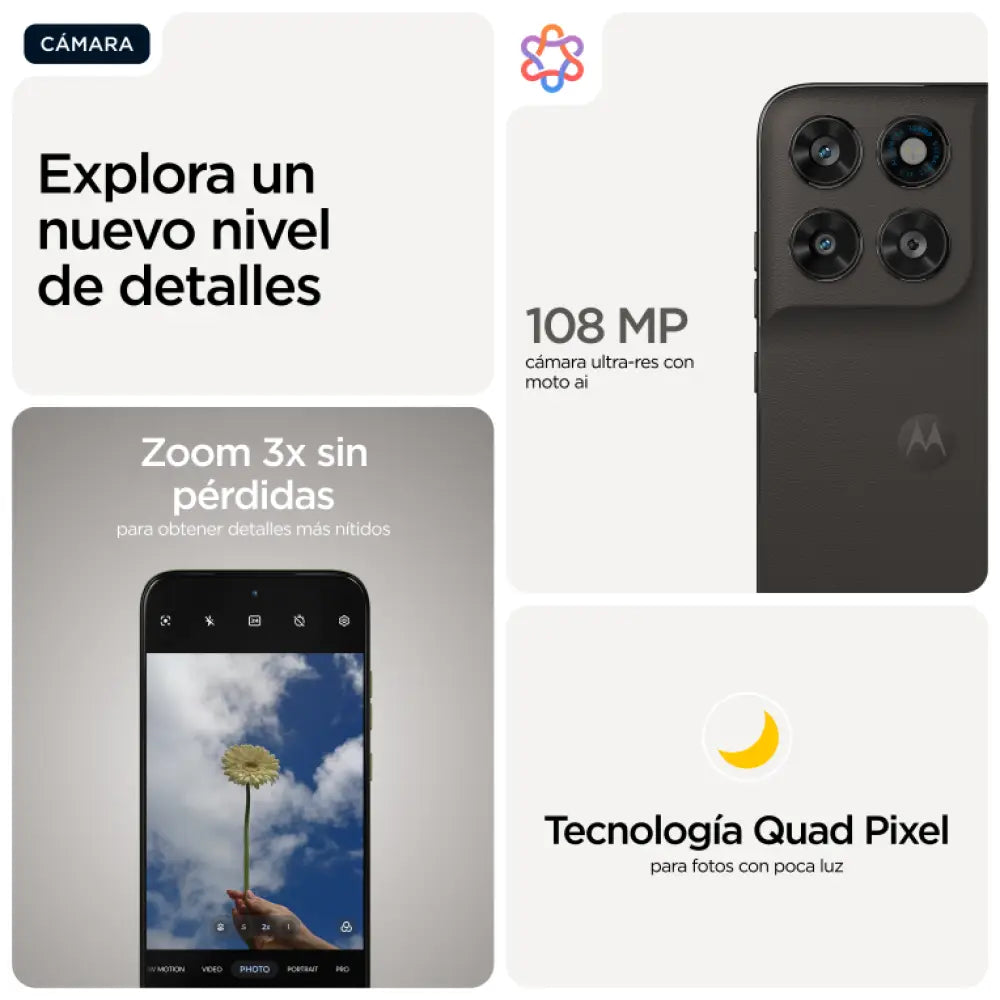 Teléfono inteligente Motorola moto g77 en color negro con pantalla de 6.8", doble SIM, 8 GB RAM, 256 GB y batería de 5200 mAh.