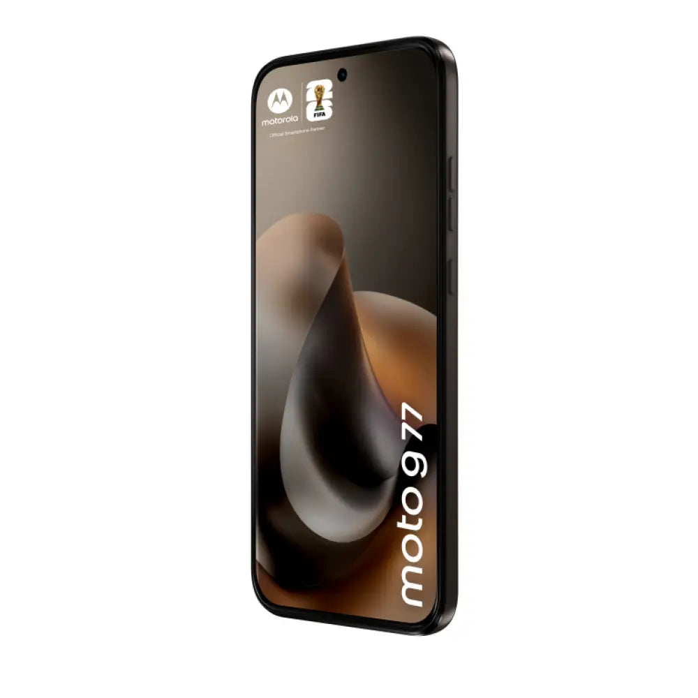 Teléfono inteligente Motorola Moto G77 en color negro con pantalla de 6.8 pulgadas, cámara, puerto USB-C y batería de 5200 mAh.