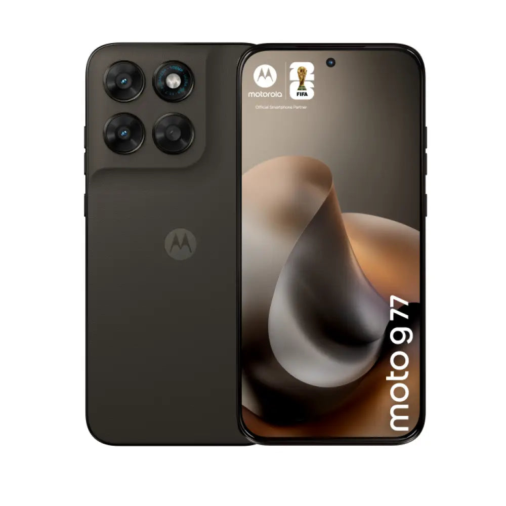 Teléfono inteligente Motorola moto g77 en color negro con pantalla de 6.8 pulgadas, 8 GB RAM, 256 GB y batería de 5200 mAh.