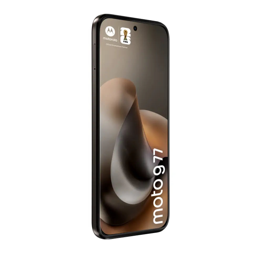 Teléfono inteligente Motorola Moto G77 en color negro, pantalla de 6.8", cámara, puerto USB-C, dual SIM y batería de 5200 mAh.
