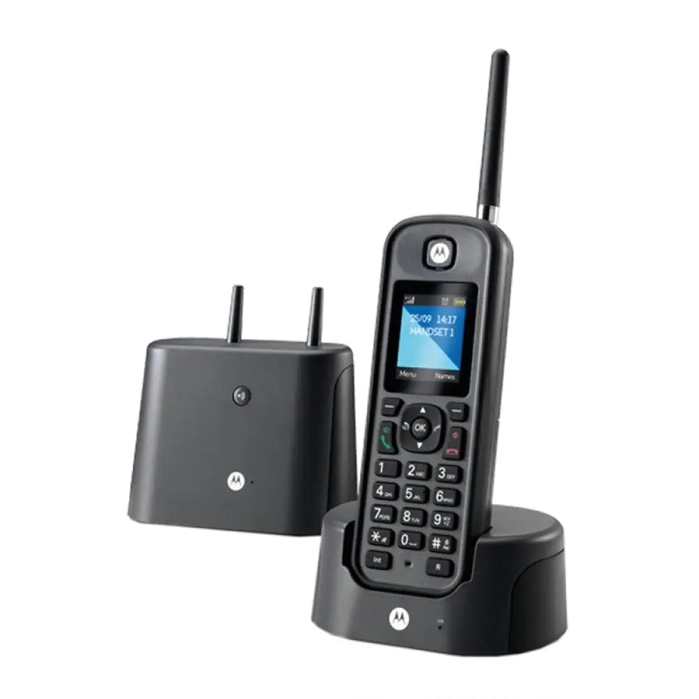 Teléfono inalámbrico Motorola O201 DECT negro con largo alcance, diseño compacto y botones fáciles de usar.