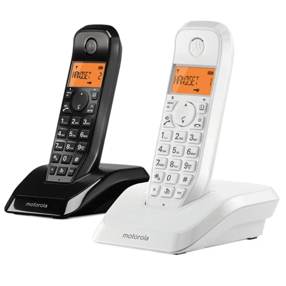 Teléfonos inalámbricos DECT Motorola S1202 en blanco y negro, dúo con diseño moderno y funcionalidad inalámbrica.