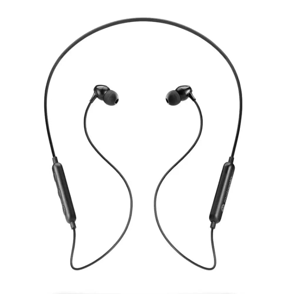 Auriculares deportivos Motorola SP106 negros con micrófono, ideales para ejercicio y uso diario, visibles en la imagen.