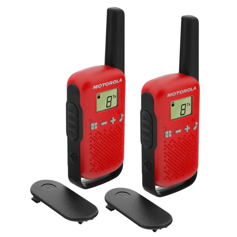Walkie-talkie Motorola T42 en color rojo, dúo con alcance de 4 km y 16 canales, ideal para comunicación exterior.