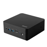 Mini PC MSI Cubi NUC 13MQG-065BEU semiensamblado en negro con procesador Intel Core i7-1365U, vista frontal y puertos.