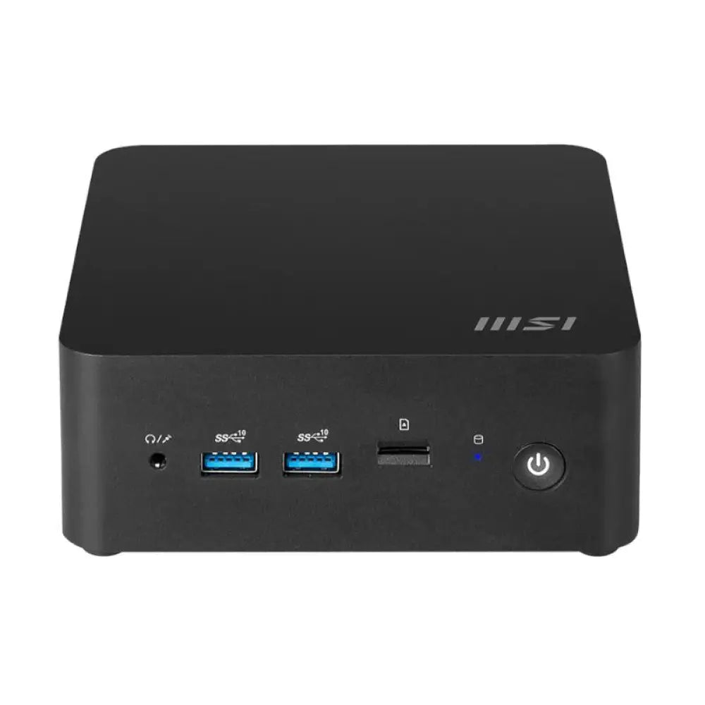 Mini PC MSI Cubi NUC 13MQG-065BEU con procesador Intel i7-1365U en color negro, semiensamblado, compacto y elegante.