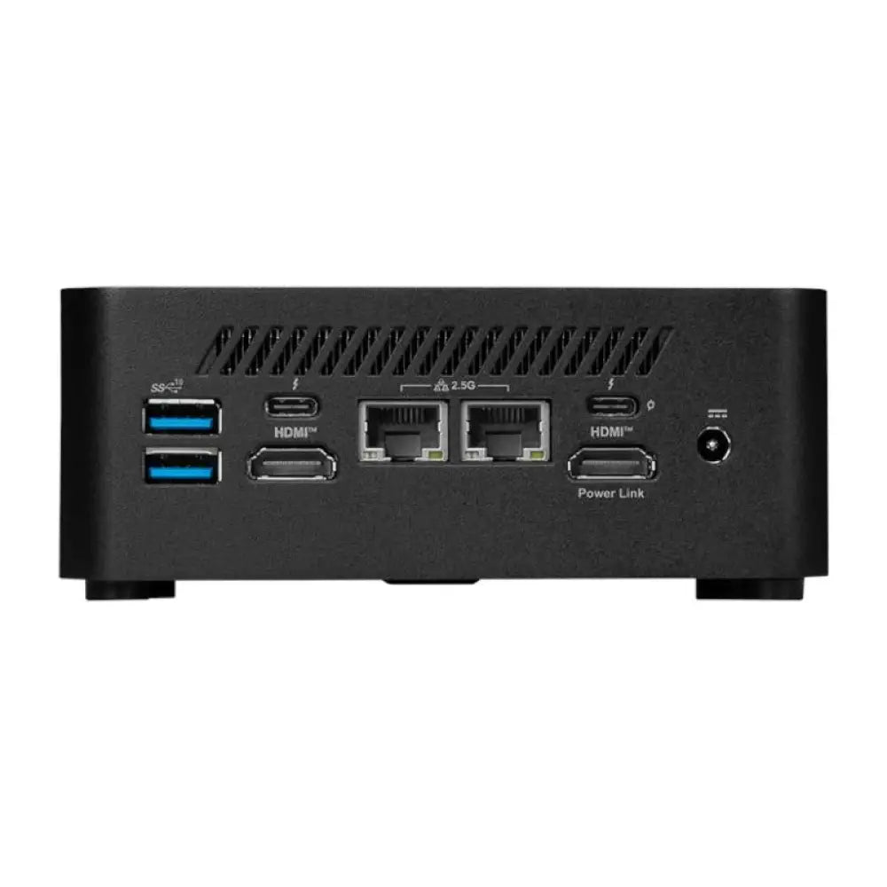 Mini PC MSI Cubi NUC 13MQG-065BEU semiensamblado, negro, con procesador Intel i7-1365U, vista frontal y puertos.