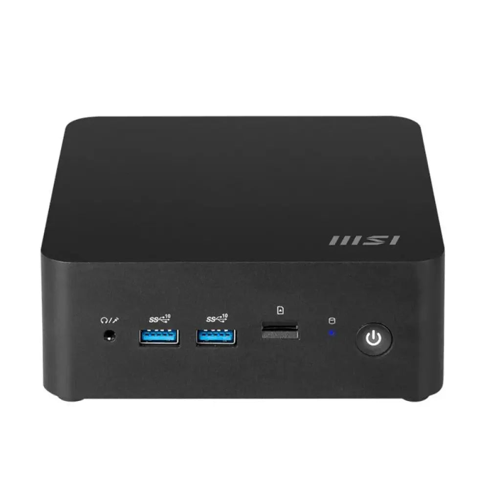 Computadora semiensamblada MSI Cubi NUC 1MG-206BES con procesador Core 7-150U en color negro, vista frontal del equipo.