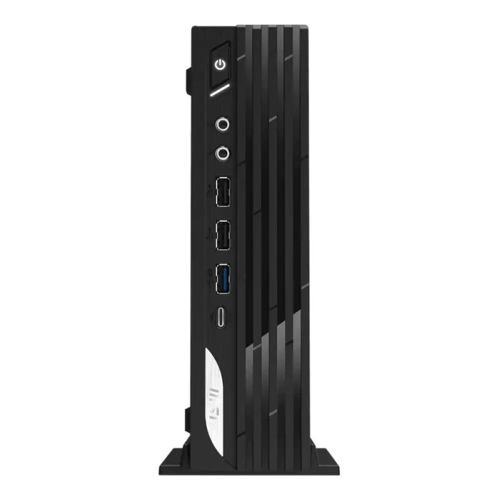 Computadora semiensamblada MSI Cubi Pro 14M-258BEU en negro con procesador Intel Core i3-14100, vista frontal y puertos visibles